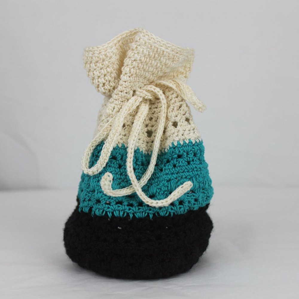 Crochet Cream Blue Black Drawstring Pouch